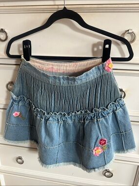 LoveShackFancy Blue Denim Tiered Skirt with Pink Floral Embroidery like new